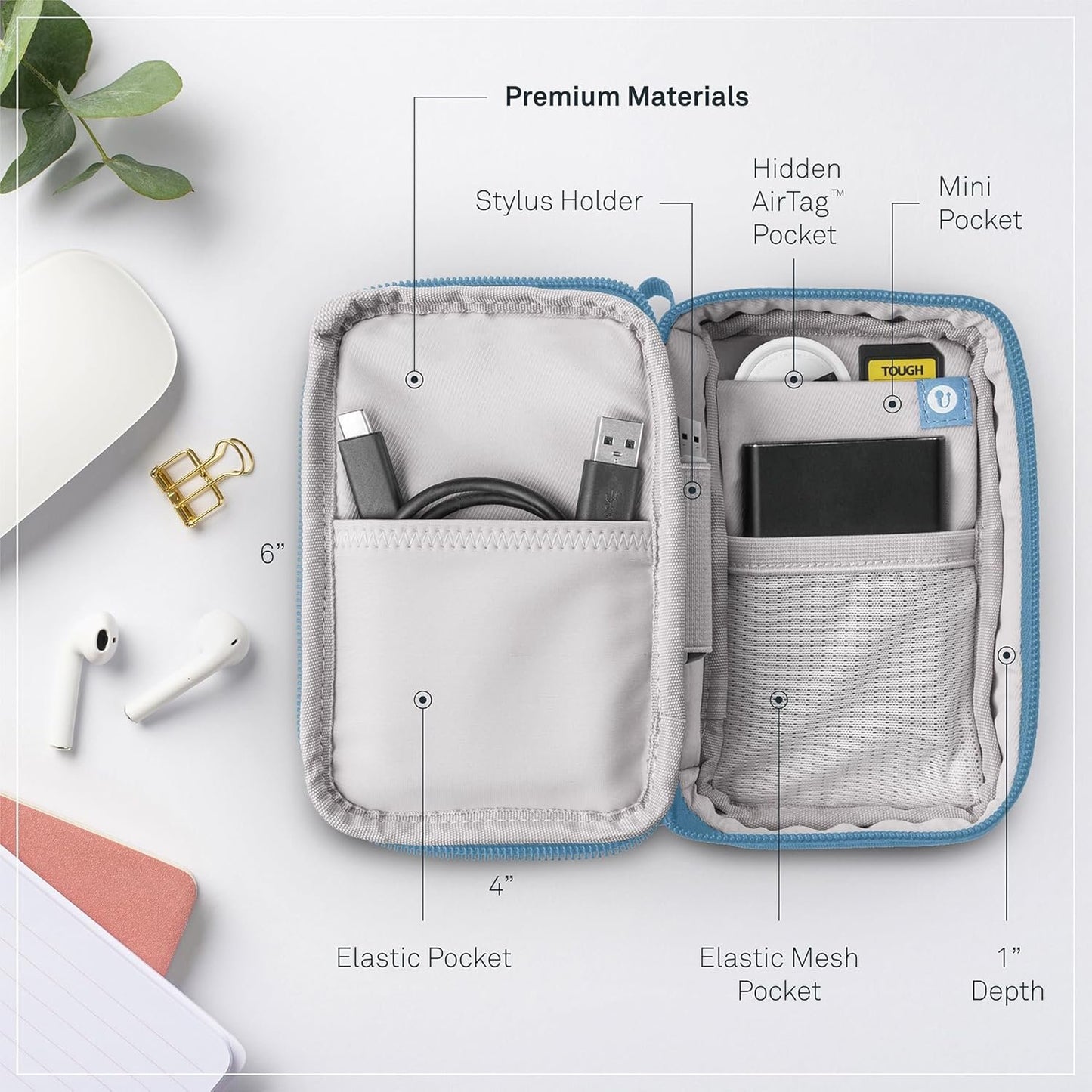 Folio Mini Small Tech Pouch with Label Identification for Daily Travel, Gym, Work Organizer for Cables Chargers, Electronic Accessories, Arctic Blue, Smart