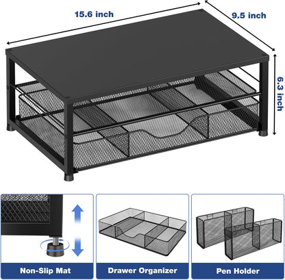 Desk Organizer and Accessories, 2-Tier Computer Monitor Stand with Drawer and 2 Pen Holders, Office Desk Accessories for Office Supplies, Black