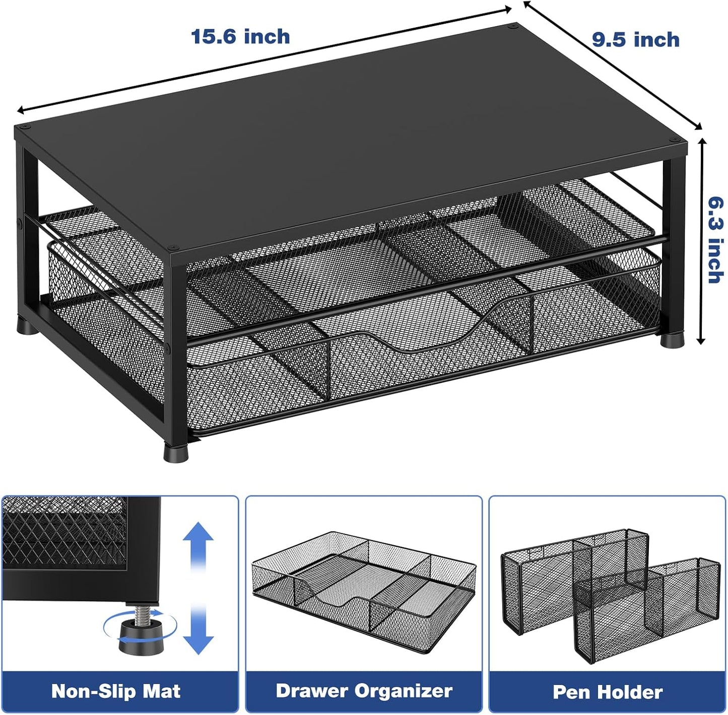 Desk Organizer and Accessories, 2-Tier Computer Monitor Stand with Drawer and 2 Pen Holders, Office Desk Accessories for Office Supplies, Black