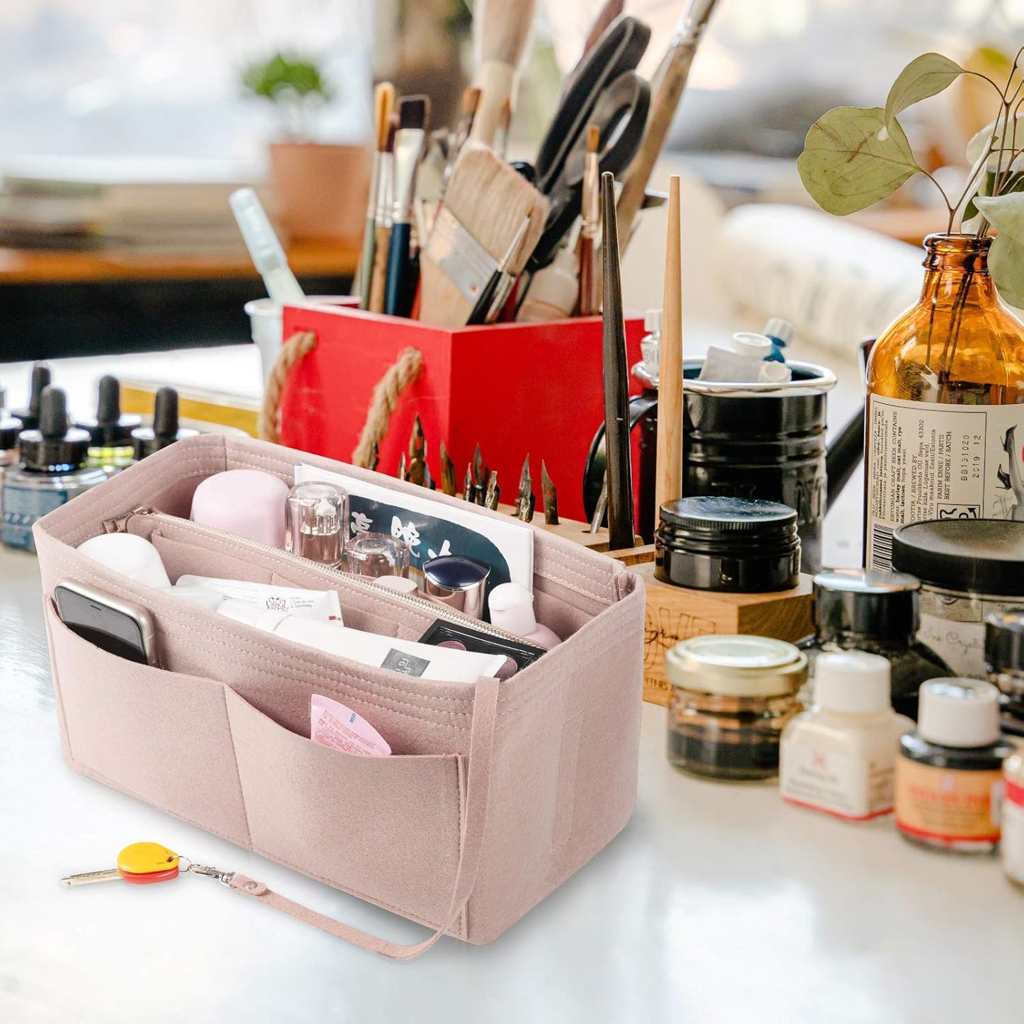 LITLANDSTAR Multi-Compartment Solid Color Felt Bag Large Capacity Makeup Bag Women Travel Large Makeup Organizer Toiletry bag Storage Pouch Handbag Tote, Khaki