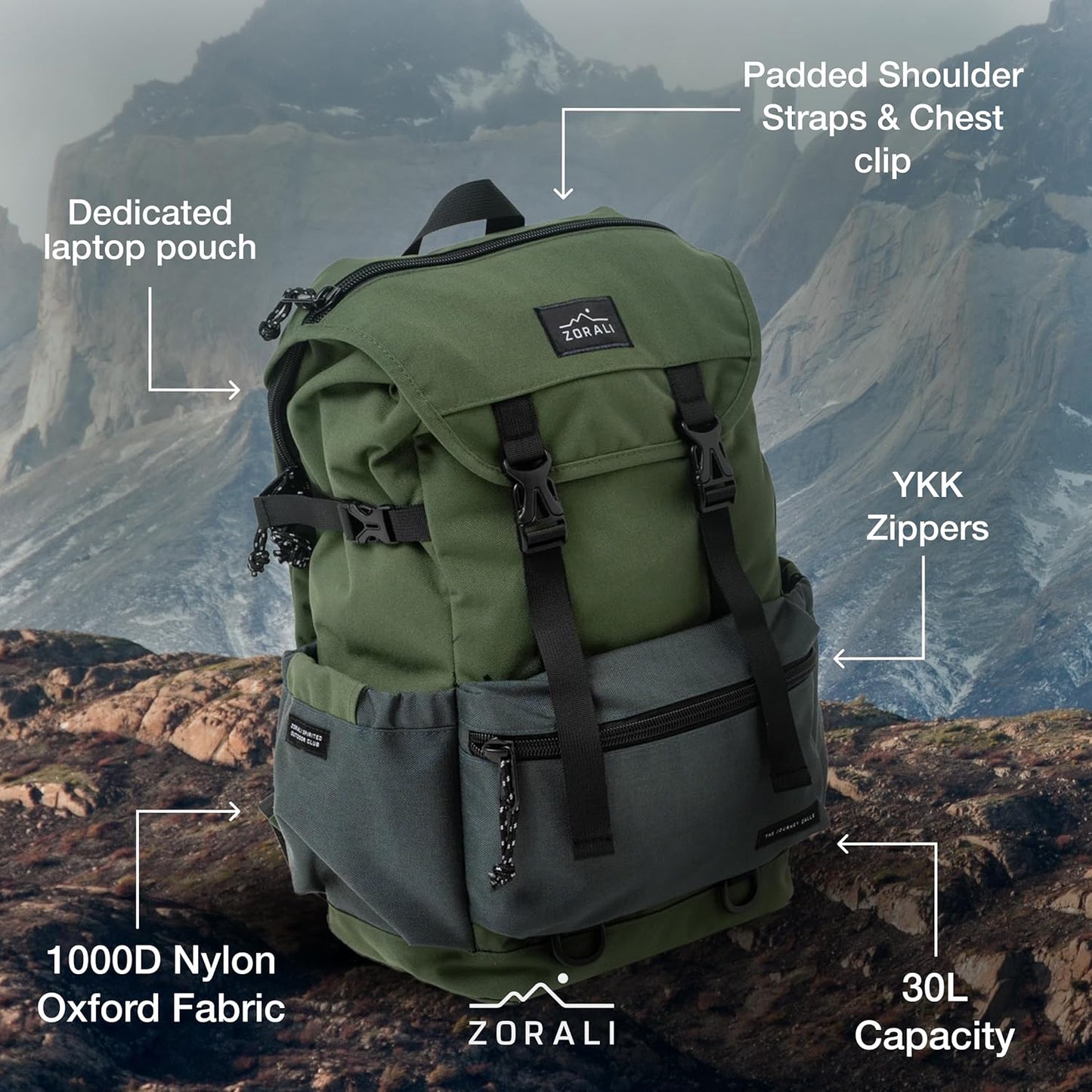 ZORALI Escapade Travel Backpack 30L – Durable Carry On Backpack for Men & Women, Sustainably Designed Hiking Backpack, Waterproof Outdoor Sports Rucksack & Casual Daypack – Travel Essentials