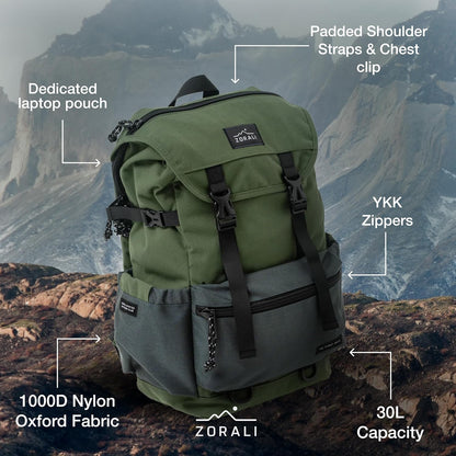 ZORALI Escapade Travel Backpack 30L – Durable Carry On Backpack for Men & Women, Sustainably Designed Hiking Backpack, Waterproof Outdoor Sports Rucksack & Casual Daypack – Travel Essentials