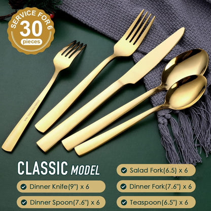 Gold Silverware Set, OGORI 30-Piece Stainless Steel Gold Flatware Set with Square Handle, Mirror Polished Cutlery Utensils Set Include Knife/Fork/Spoon Service for 6, Dishwasher Safe