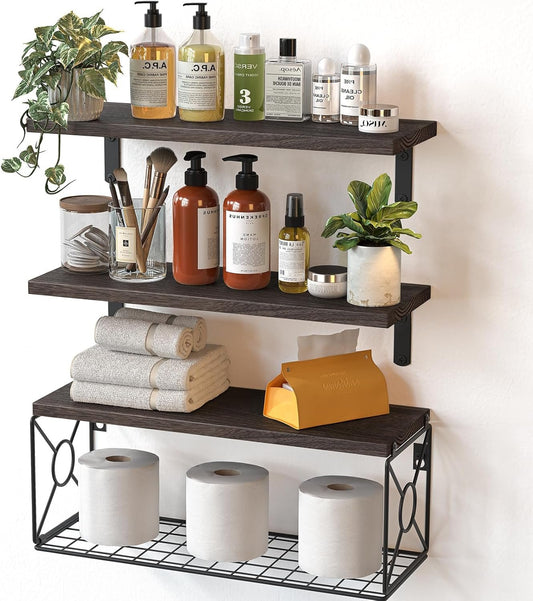AMADA HOMEFURNISHING Bathroom Shelves with Storage Basket, Floating Shelves for Home Organization & Wall Decor, 3 Set Natural Wood Wall Shelf for Bathroom/Bedroom/Kitchen etc