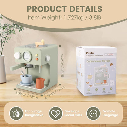 Pithfor Kids Wooden Coffee Maker Toy with Grinder, Pretend Play Kitchen Appliances & Accessories Toy Gift for Kids Toddlers Boys Girls