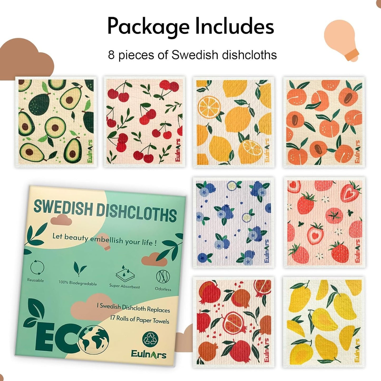 Eulnars Swedish Dish Cloth, 8 Pack Fruit Swedish Dishcloths for Kitchen, Reusable Paper Towels Washable, Biodegradable, Non-Scratch Cellulose Sponge Cloths, No Odor