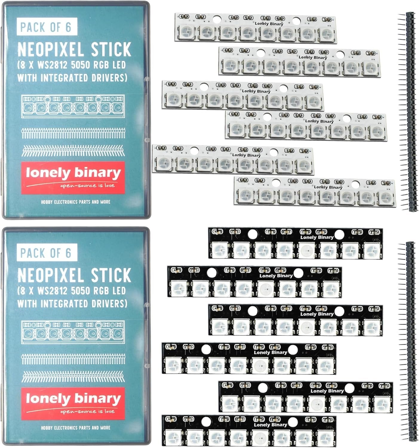 Lonely Binary 12-Pack WS2812B RGB LED Bars â€“ Glow LED Strips, Individually Addressable 8-LED Strips (6 White PCB + 6 Black PCB) for Arduino, Raspberry Pi, ESP32, DIY Projects & Smart Lighting