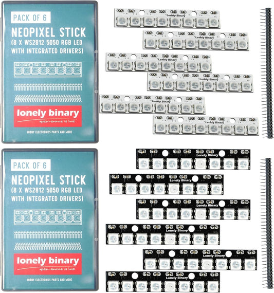 Lonely Binary 12-Pack WS2812B RGB LED Bars â€“ Glow LED Strips, Individually Addressable 8-LED Strips (6 White PCB + 6 Black PCB) for Arduino, Raspberry Pi, ESP32, DIY Projects & Smart Lighting