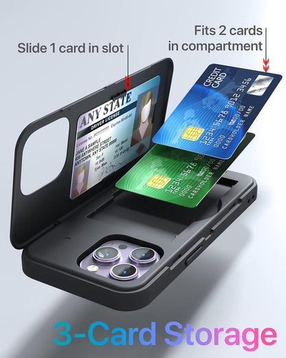 TORU CX Slim for iPhone 14 Pro Max Case Wallet | Protective Shockproof Heavy Duty Cover with Hidden Card Holder & Card Slot | Mirror & Wrist Strap Included - Black