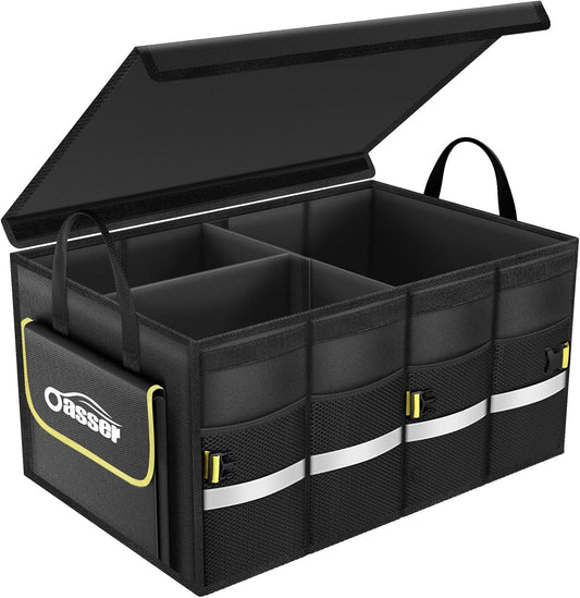 Oasser Car Trunk Organizer for SUV, Car Trunk Storage Organizer Collapsible Multi-compartments Cargo Storage Box with Foldable Cover, Reflective Strip, Non Slip Bottom E3A Black