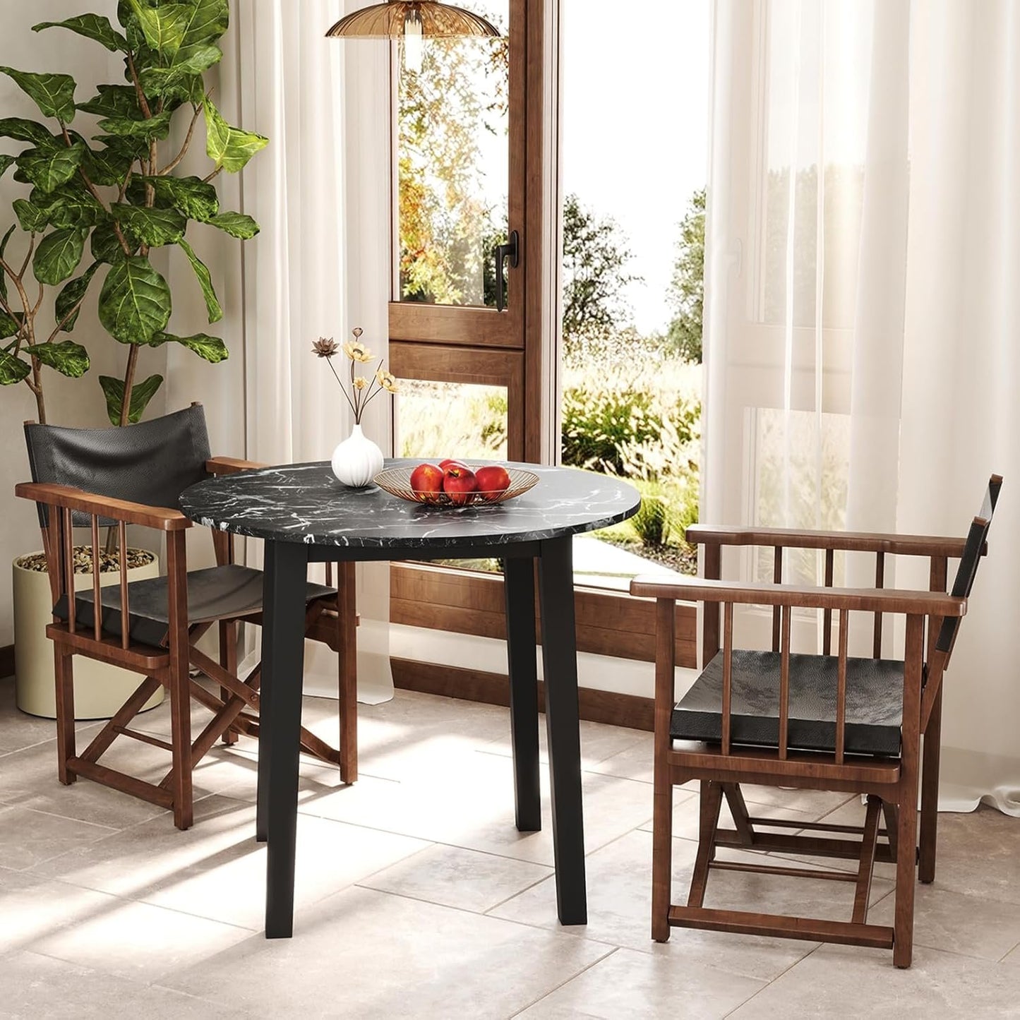 Giantex 35” Round Dining Table - Kitchen Table with Rubber Wood Legs, Marble-Textured Veneer Tabletop, Leisure Table for 2 to 4 Person, Dinette Table for Living Room, Breakfast Table (Black)