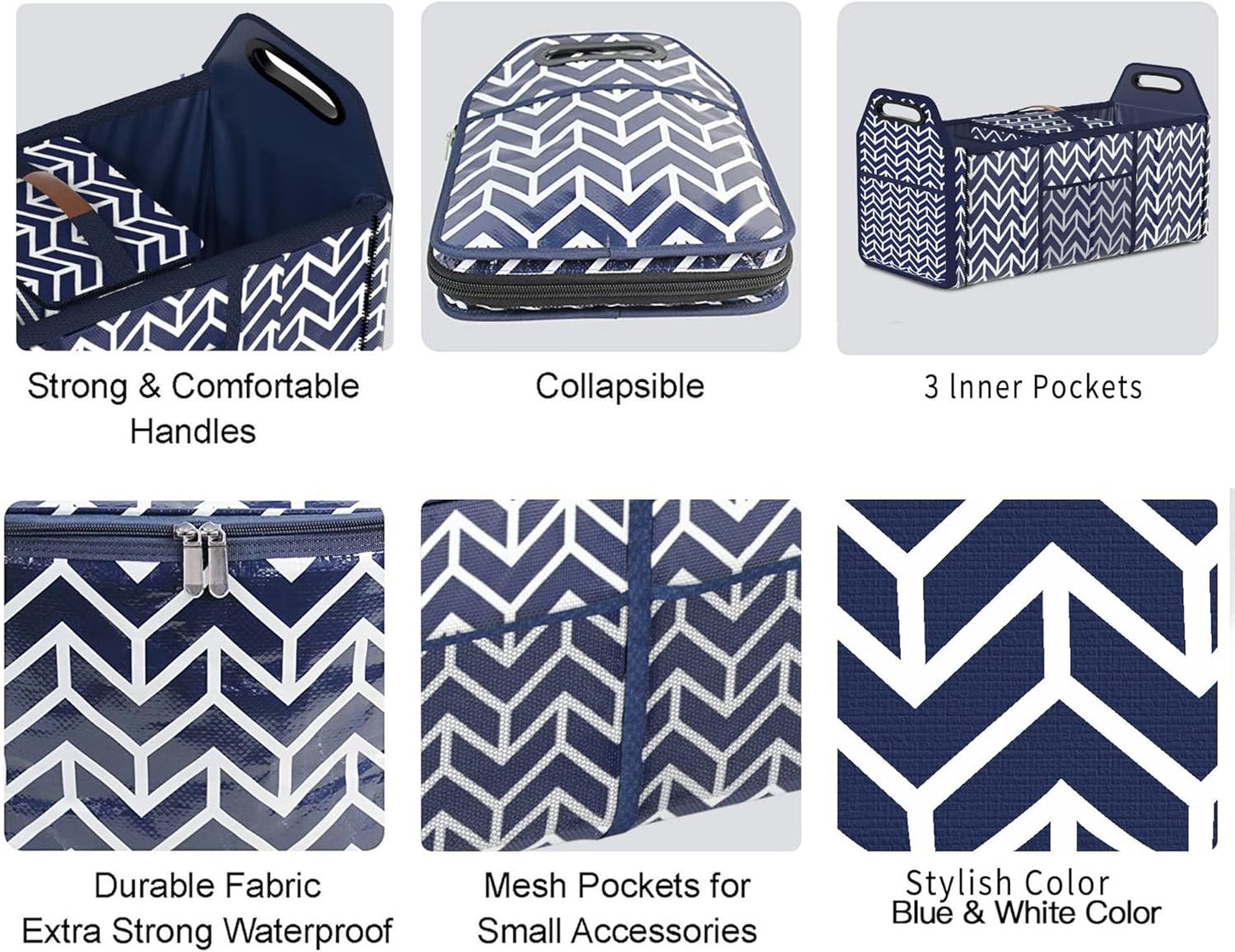 Trunk Organizer, Foldable Car Storage Bag Portable Insulation Cooler Bag Collapsible Vehicle Organizer Divider Storage Totes with 3 Compartment Cargo Tote for Groceries Caddy SUV, Navy Blue