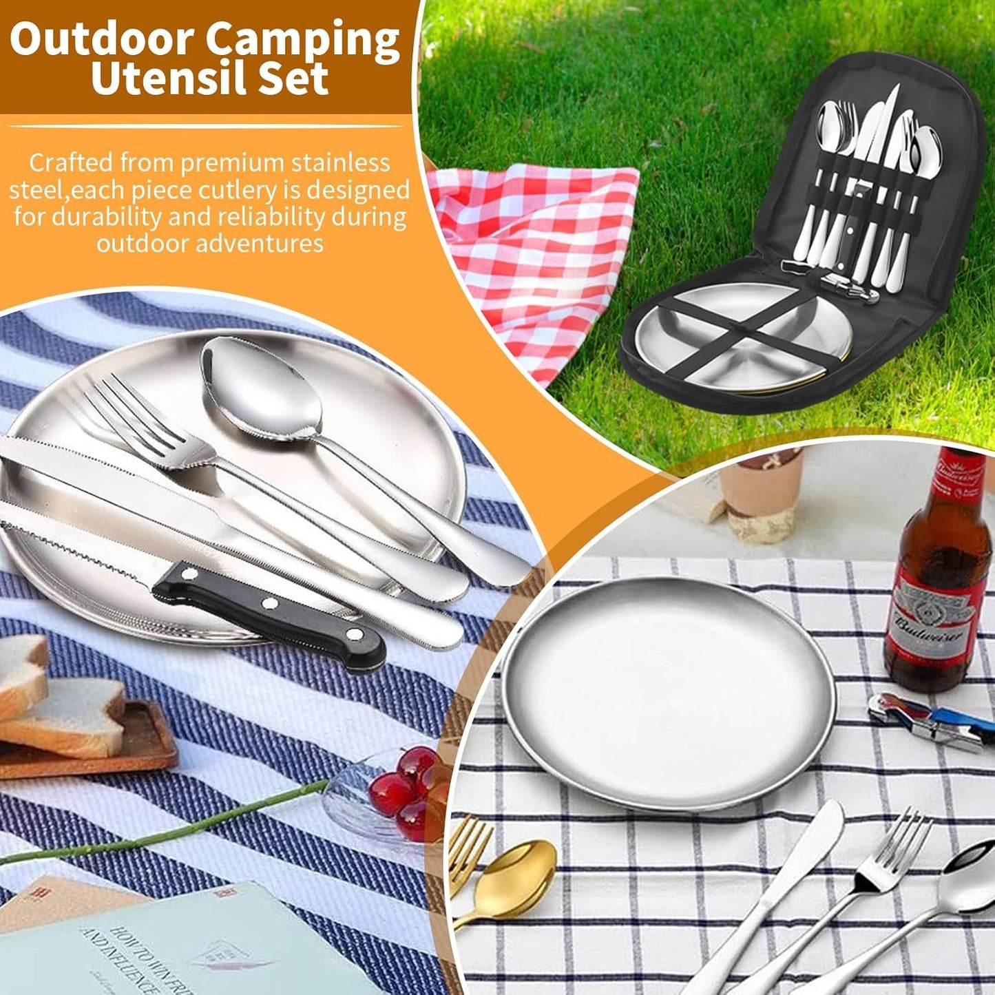 10-Pieces Outdoor Cutlery Set for Picnic, Portable Double Tableware Kit, Stainless Steel Silverware Set with Organizer Bag, Spoon Clip Serrated Knife Fork Plate Utensil Set for Travel Camping (Silver)