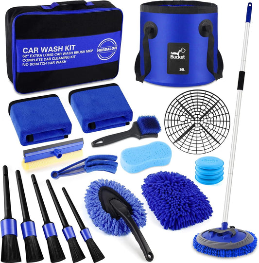 HORDALOR 21Pcs Car Wash Kit,62" Car Wash Brush Mop with Long Handle,Car Cleaning Kit,Car Detailing Brush Set,Car Wash Bucket with Dirt Trap,Windshield Window Squeegee for Cars RV Truck Boat