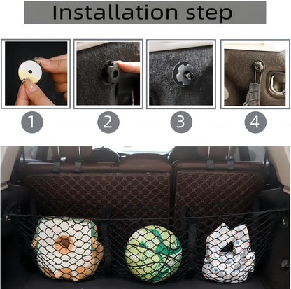 Ai-OUMLEEF Automotive Cargo Net,Detachable Cargo Net Trunk Bed Organizer, Cargo Net Trunk Bed Organizer with 4 Carabiners Accessories,Mesh Storage Net Heavy Duty Cargo Net with 3 Pocket(90*30*30cm)