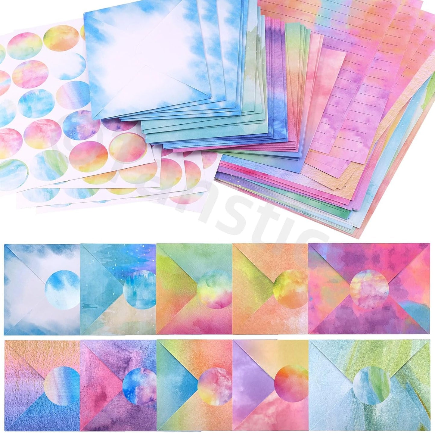 Tanstic 200Pcs(50 Sets) 5.5 x 8.25 Inch Stationery Paper Set Watercolor Stationary Paper and Envelopes Mini Stationery Paper with Round Dot Sticker for Invitations, Letters