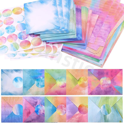 Tanstic 200Pcs(50 Sets) 5.5 x 8.25 Inch Stationery Paper Set Watercolor Stationary Paper and Envelopes Mini Stationery Paper with Round Dot Sticker for Invitations, Letters