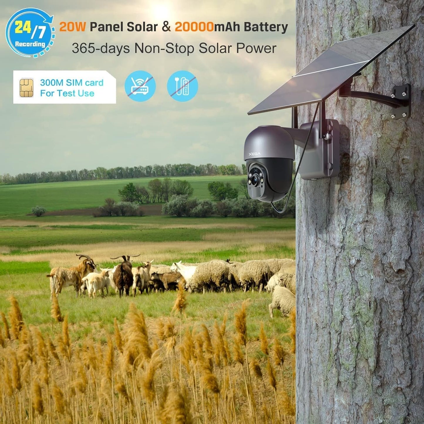 Xega 4G LTE Security Camera with 20W Solar Panel 20,000mAh Battery SIM Card Solar Powered Security Camera Outdoor Wireless, 2K HD Color Night Vision CCTV, PIR Detection, IP66 [Energy Class A+++]