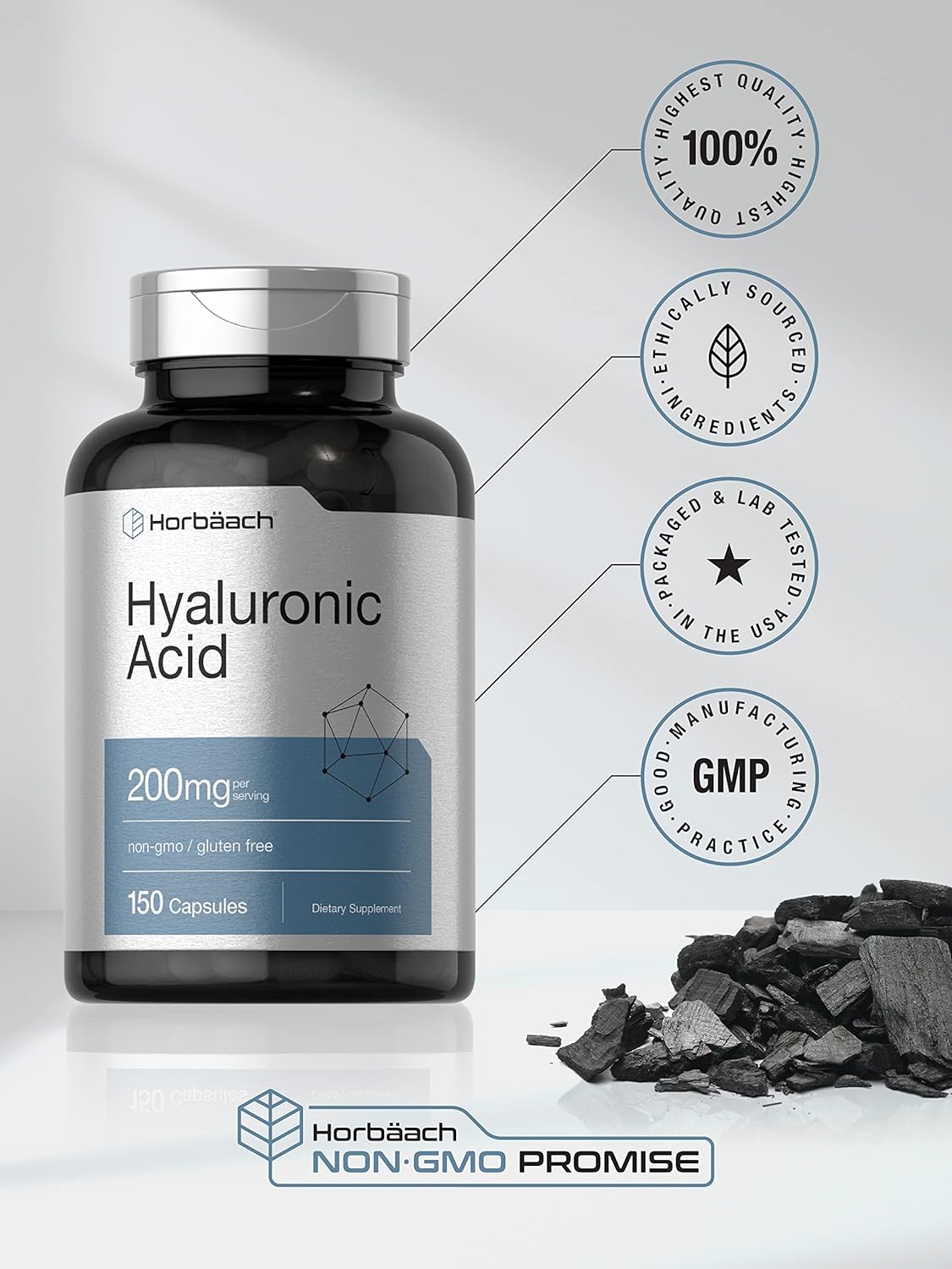 Horbaach Hyaluronic Acid 200 mg 150 Capsules | Supports Joint and Skin Hydration | Non-GMO & Gluten Free Supplement