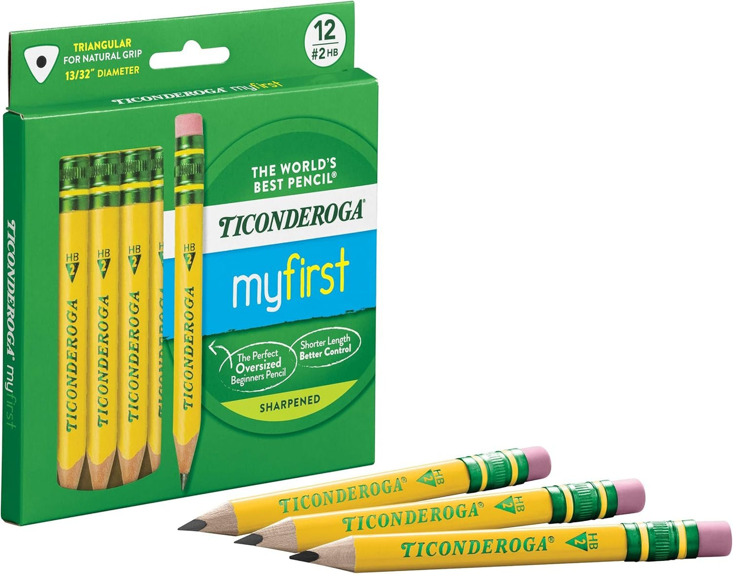 Ticonderoga My First Short Triangular Wood-Cased Pencils, #2 HB Soft, With Erasers, Yellow, 12 Count