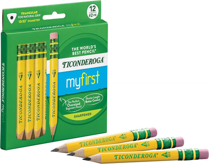 Ticonderoga My First Short Triangular Wood-Cased Pencils, #2 HB Soft, With Erasers, Yellow, 12 Count