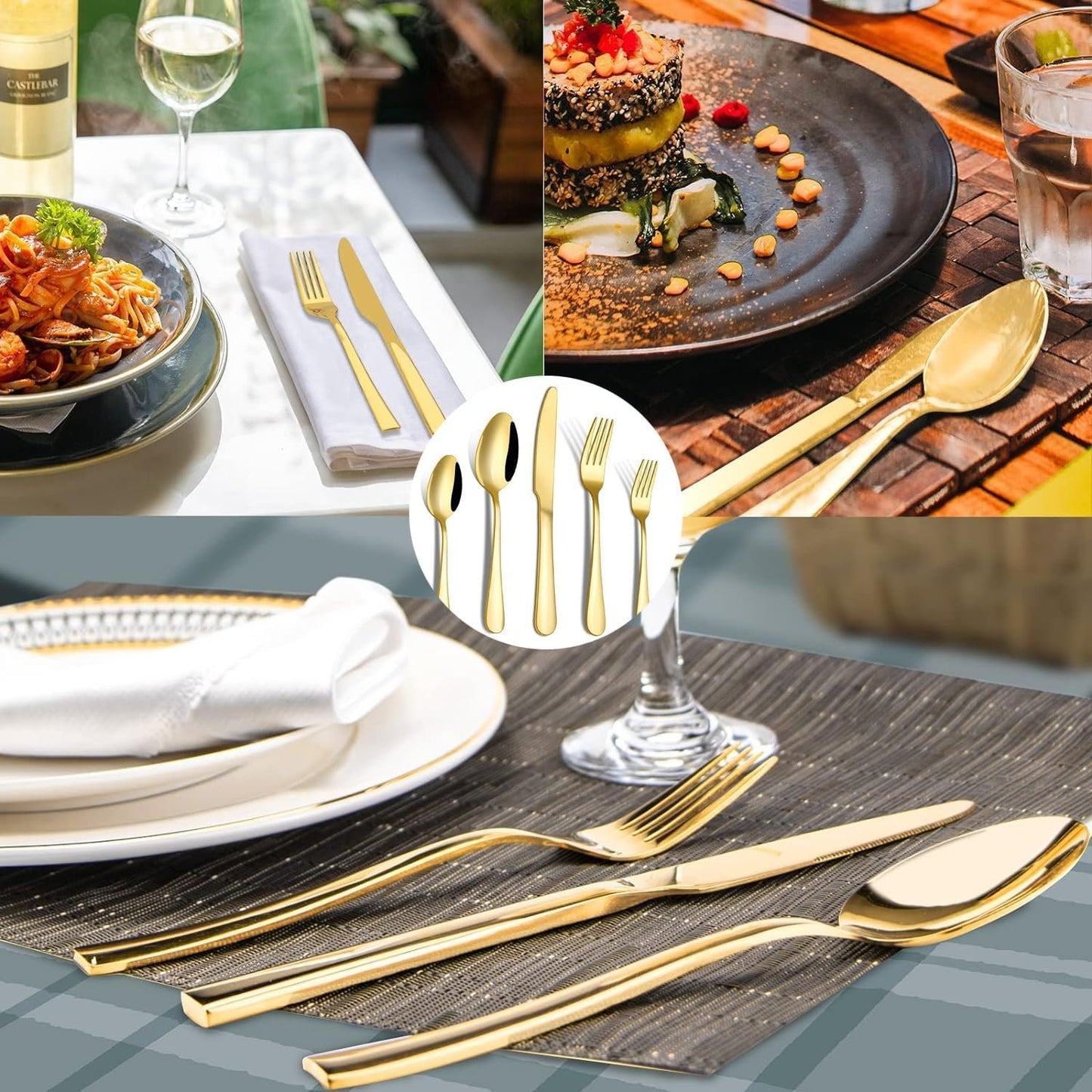 Miecux Stainless Steel Cutlery Set, 10Pcs Stainless Steel Flatware Gold Silverware Set Service for 2, Tableware Eating Utensils Include Knives/Forks/Spoons for Home Restaurant Party (Gold)