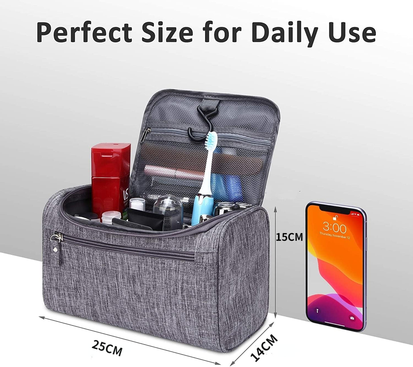 Toiletry Bag with Hanging Hook (25x14.5x15CM), Travel Case Waterproof Cosmetic Bag or Accessories, Shampoo, Makeup, Personal Items, Healthcare Organizer with Handle for Men and Women (Grey)