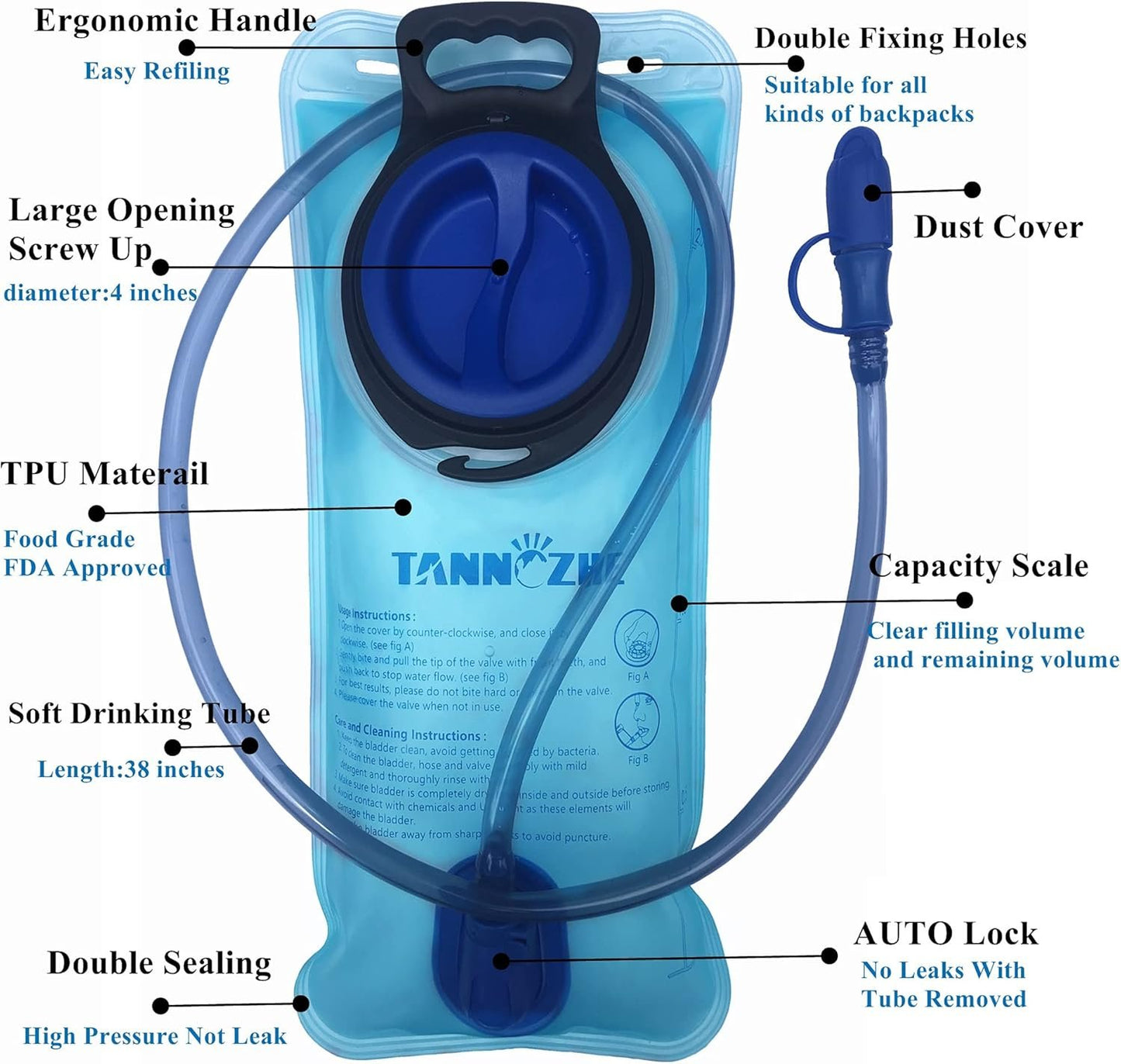 TANNOZHE Hydration Bladder Water Bladder Leak Proof Water Reservoir,BPA Free Hydration Pack Replacement,Sports Travel Reservoir Hydration Bag Pack Hiking,Outdoor