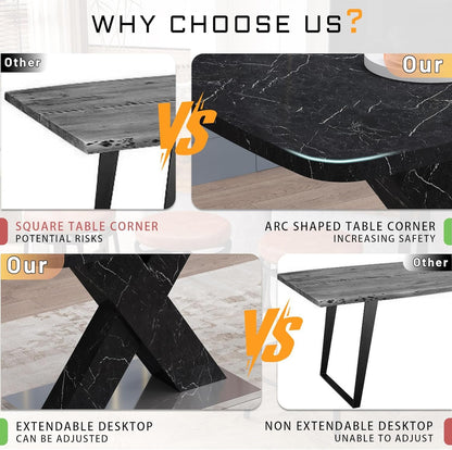 Modern Style Square Stretch Dining Table, Kitchen Table with Marble Table Top, MDF X-Shape Legs and Metal Base (Black)