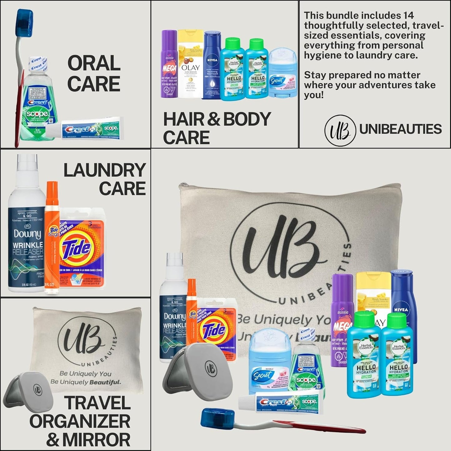 Travel Essentials: Travel Size Products bundle with mini travel essentials for women including mini deodorant travel size mouthwash & travel hairspray, skincare set & even laundry stain remover