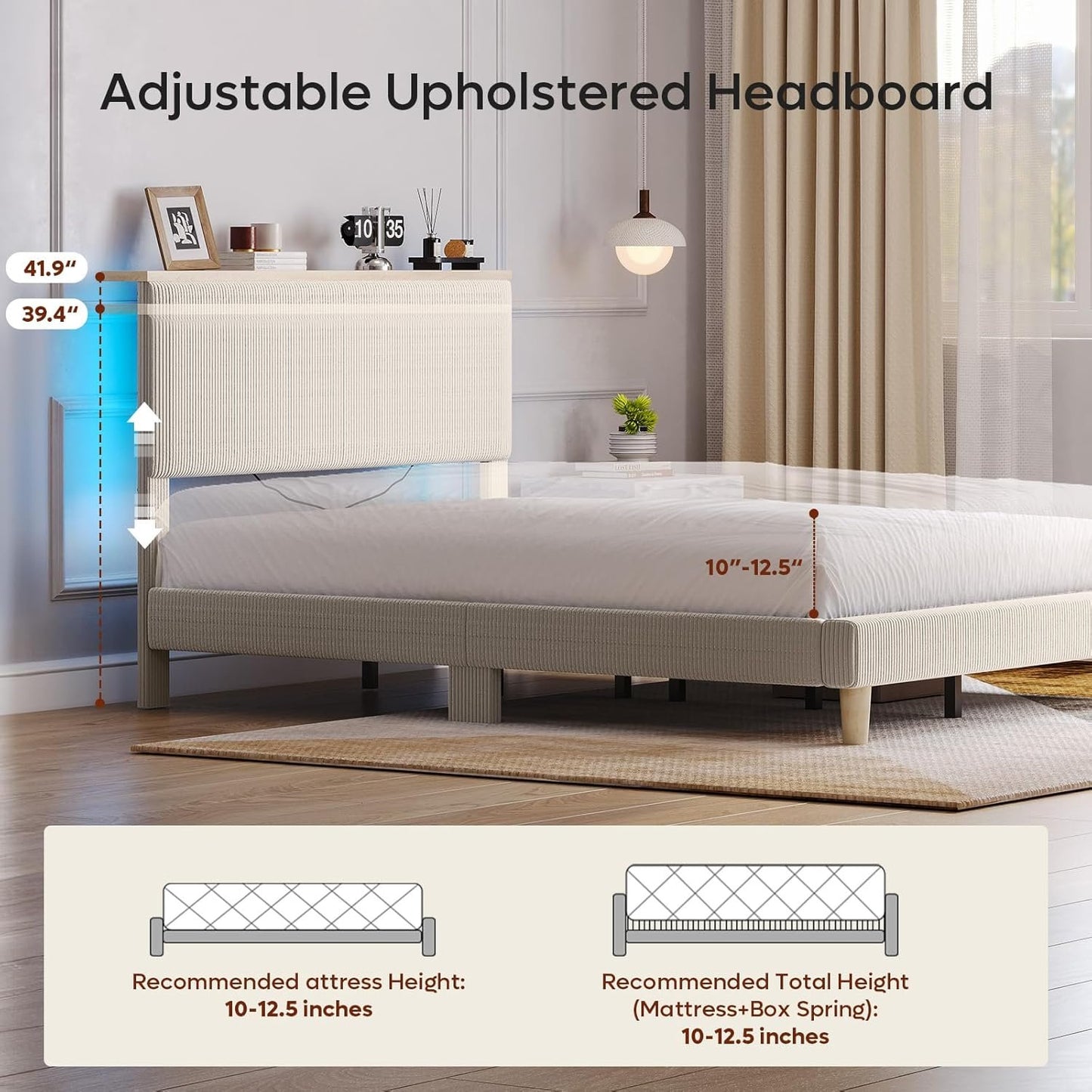Bestier Full Corduroy Upholstered Bed Frame with Adjustable Vertical Channel Headboard, LED Platform Bed with Storage Shelf, Solid Wood Leg & Slat Support, No Box Spring Needed, Never Squeaks, Cream