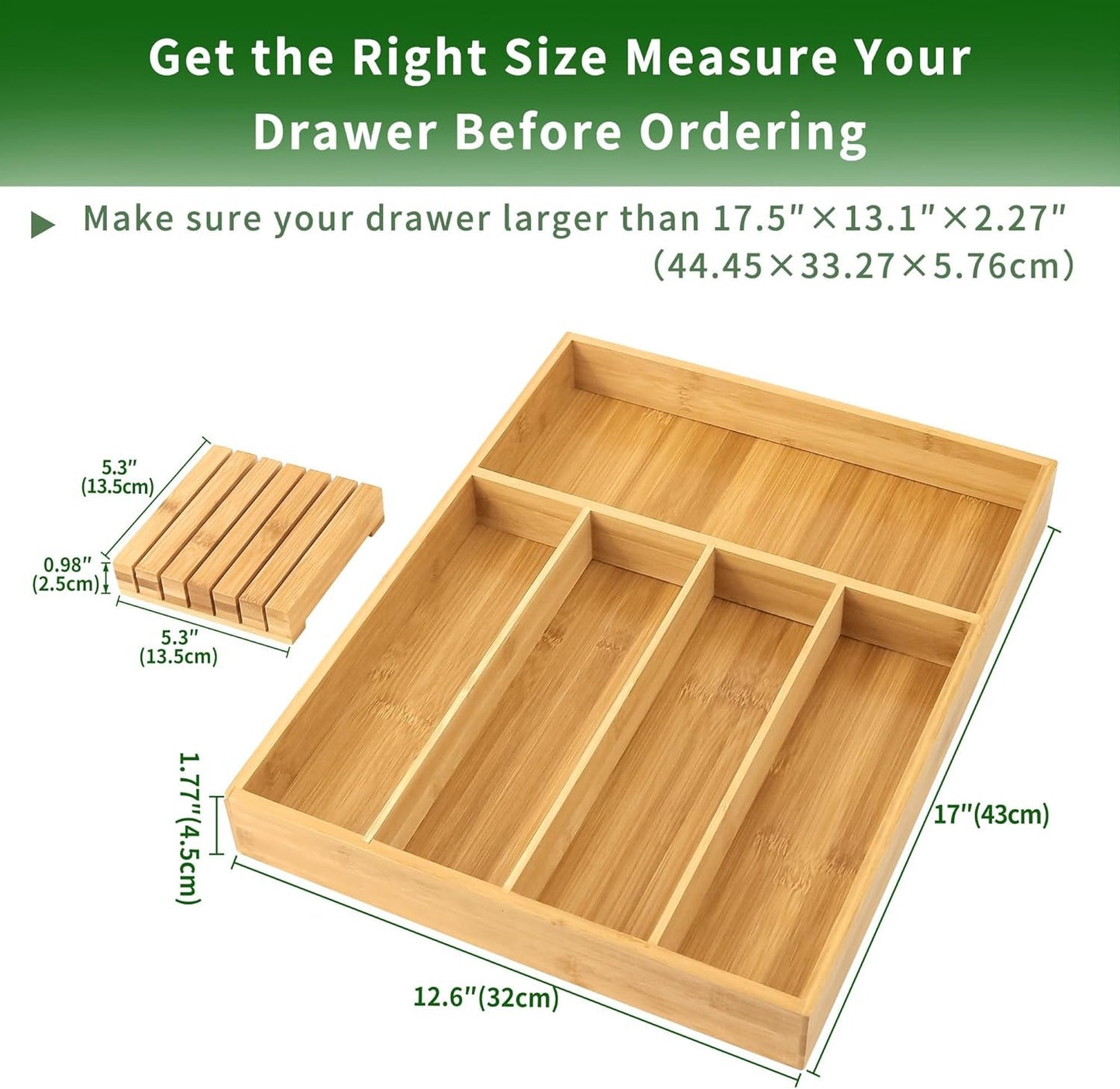 VaeFae Bamboo Cutlery Organizer, Utensil Holder for Drawer, Wooden Cutlery Tray with Divider for Kitchen, Flatware Storage with Removable Knife Block