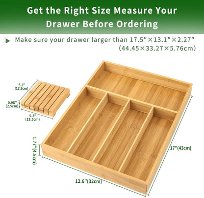VaeFae Bamboo Cutlery Organizer, Utensil Holder for Drawer, Wooden Cutlery Tray with Divider for Kitchen, Flatware Storage with Removable Knife Block