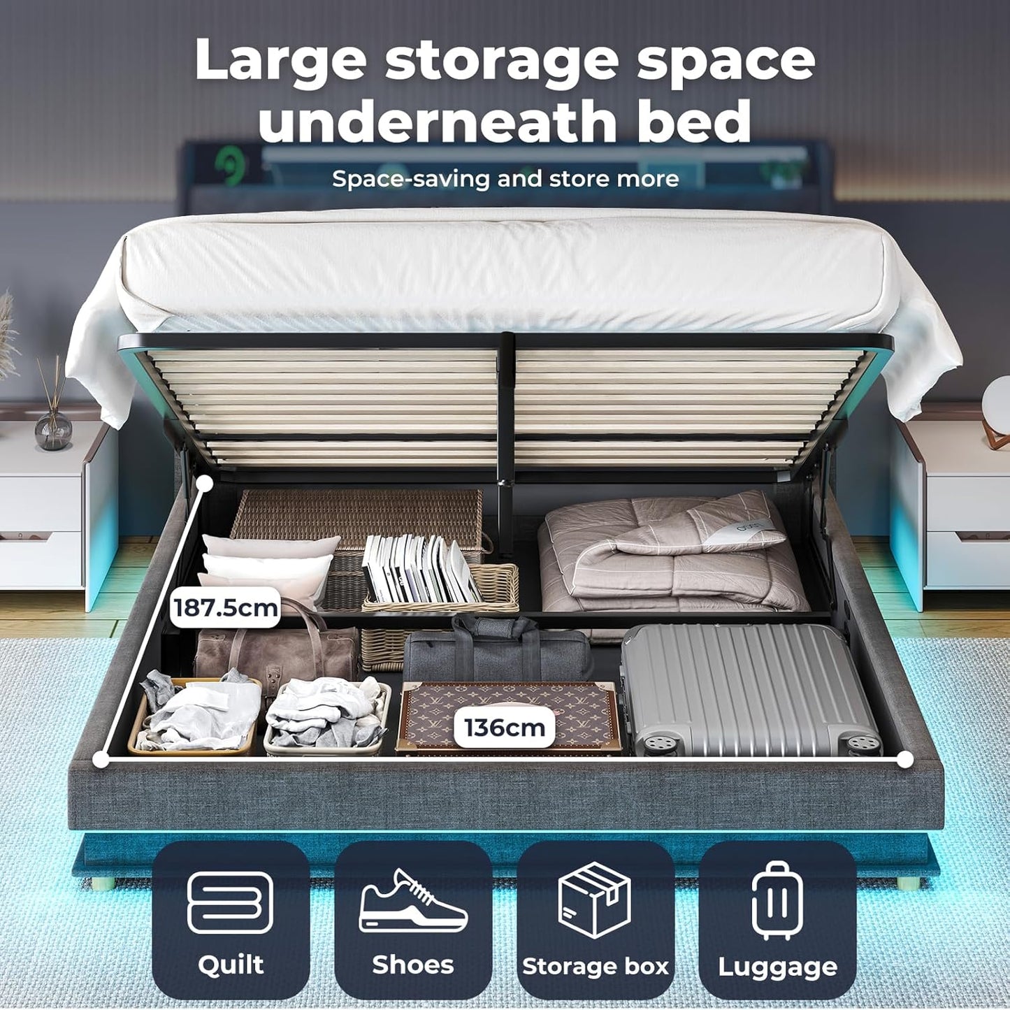 Levede Double Bed Frame,Fabric Upholstered Bed Base with Gas Lift Storage, RGB LED Lights, USB Charging,Headboard,Under Bed Storage Space, Easy Assembly, Bedroom Furniture