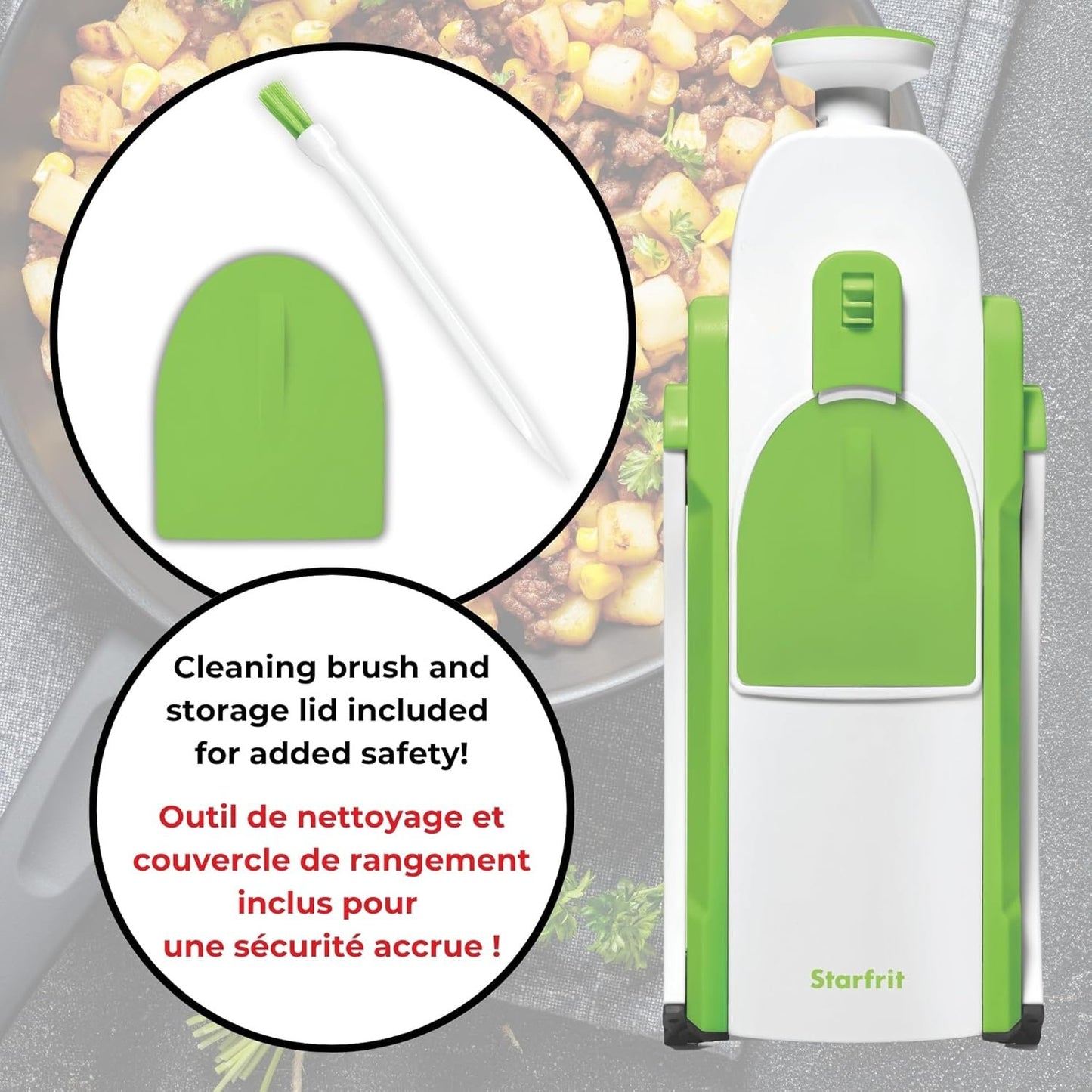 Starfrit Pump'n'Slice - Vertical Mandoline, Food Chopper, Slicer - Safe Enclosed Blades - Folds for Storage | Cleaning Tool -2-in-1