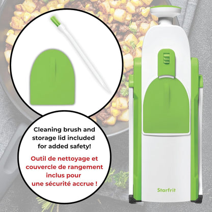 Starfrit Pump'n'Slice - Vertical Mandoline, Food Chopper, Slicer - Safe Enclosed Blades - Folds for Storage | Cleaning Tool -2-in-1