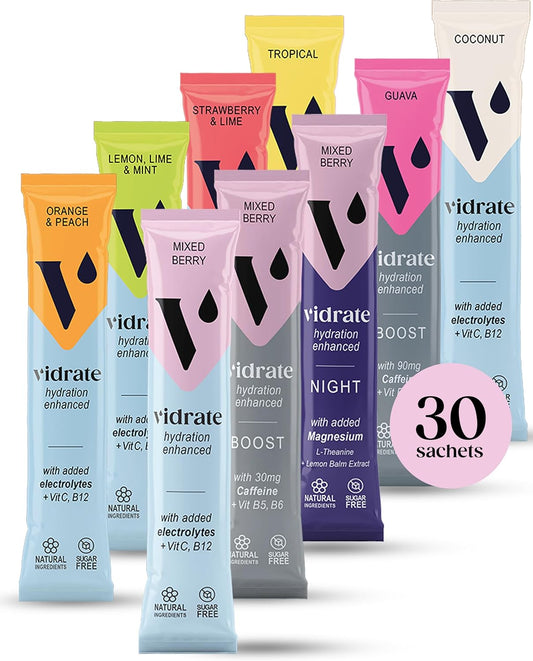 Electrolyte Powder - Flavoured Nutrient Water with Vitamins, Zero Sugar & Natural Ingredients - Hydration Drink for Office, School, Travel & More - ViDrate 30 Variety Pack Electrolyte Sachets