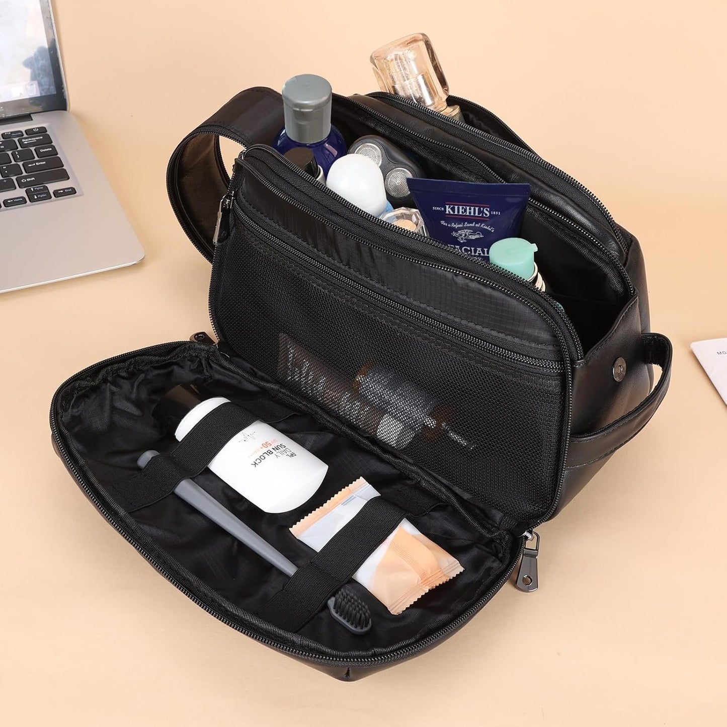 Polare Napa Leather Toiletry Bag for Men Large Travel Cosmetic Case Dopp Kit Shaving Kit Wash Pouch with YKK Zippers (Black)