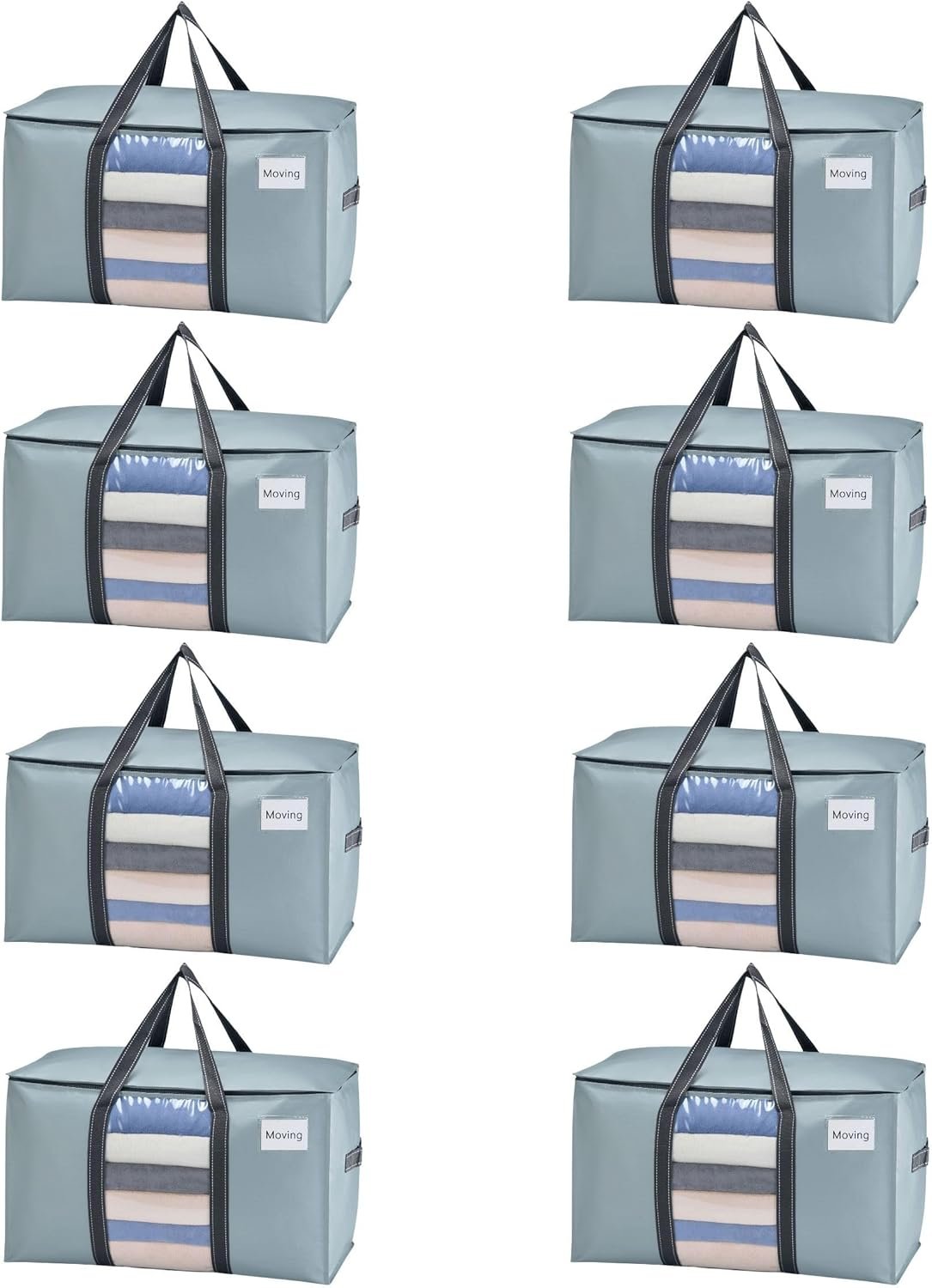 VENO Moving Bags Extra Large Heavy Duty Ornament Organizer Storage Bags with Zippers & Carrying Handles, College Dorm Packing Supplies Storage Box Tote Bags with Window (Light Blue 8 Pack)