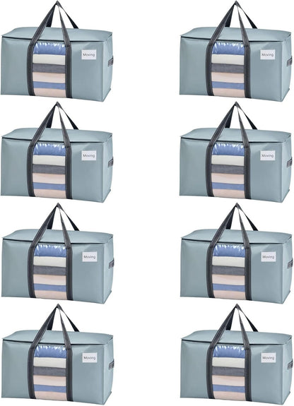 VENO Moving Bags Extra Large Heavy Duty Ornament Organizer Storage Bags with Zippers & Carrying Handles, College Dorm Packing Supplies Storage Box Tote Bags with Window (Light Blue 8 Pack)