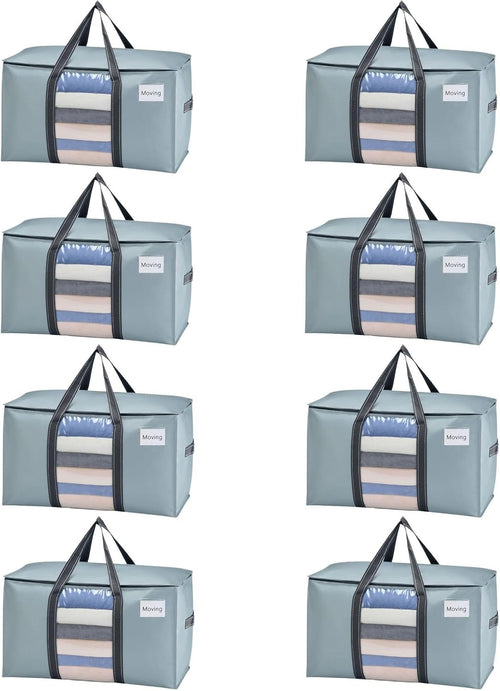 VENO Moving Bags Extra Large Heavy Duty Ornament Organizer Storage Bags with Zippers & Carrying Handles, College Dorm Packing Supplies Storage Box Tote Bags with Window (Light Blue 8 Pack)