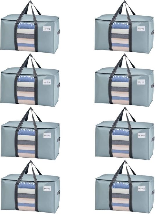 VENO Moving Bags Extra Large Heavy Duty Ornament Organizer Storage Bags with Zippers & Carrying Handles, College Dorm Packing Supplies Storage Box Tote Bags with Window (Light Blue 8 Pack)