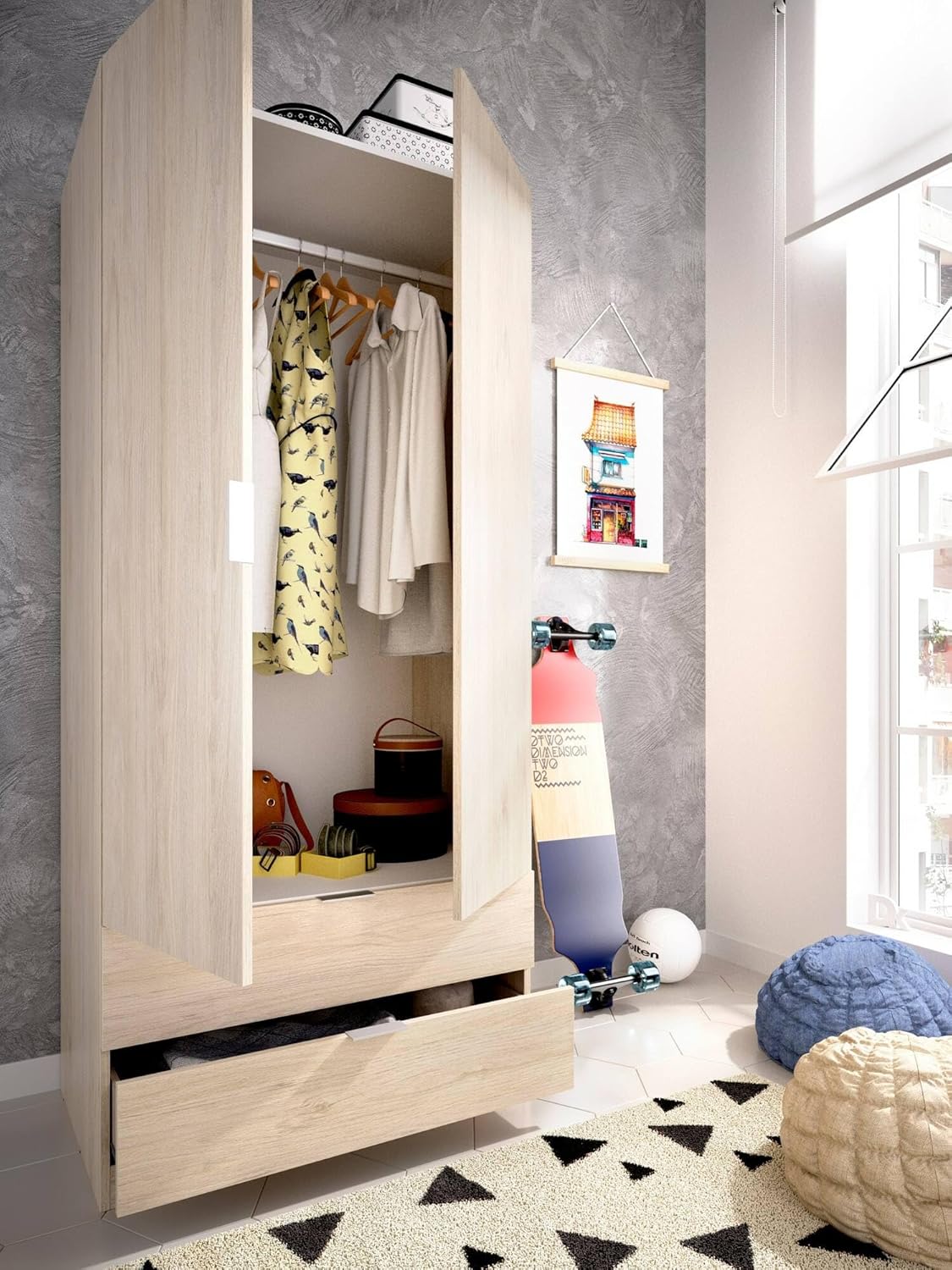 Dmora - Wardrobe Pisanino, Wardrobe for Bedroom, Wardrobe with 2 Hinged Doors and 2 Drawers, 81 x 52 x 184 cm, Oak