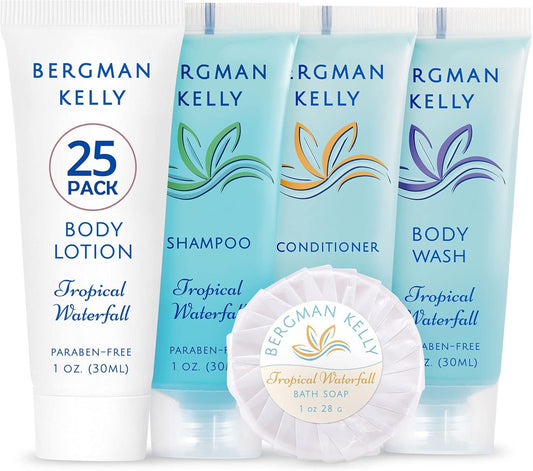 BERGMAN KELLY Hotel Toiletries Bundle - Tropical Waterfall, 1 oz each, 125 Pcs - 5-Piece Set: 25 Round Bar Soap, 25 Shampoo, 25 Conditioner, 25 Body Lotion & 25 Body Wash - Bulk Mini Guest Amenities
