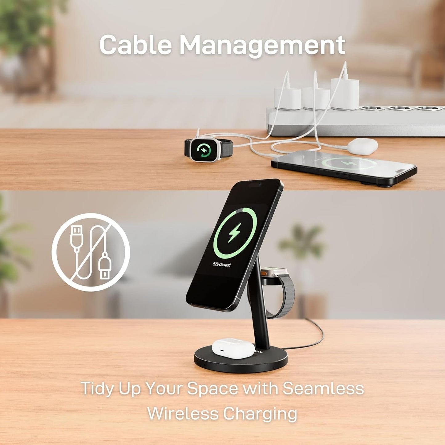 ZYRON 3-in-1 Wireless Charger for Apple, 15W Fast Wireless Charging Station, Qi2 Certified 3 in1 Wireless Charger Dock Compatible with iPhone 16/15/14, Airpods, Apple Watch, iWatch 10/9/8, Black