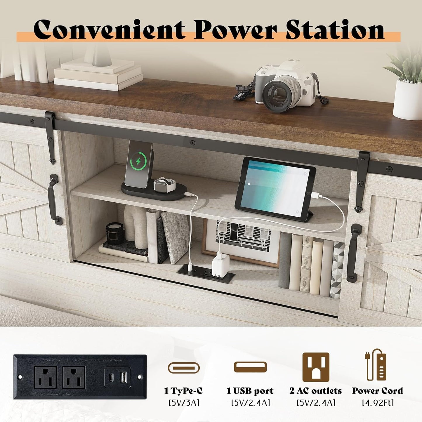 Jocisland Farmhouse Bed Frame with Sliding Barn Door Storage Headboard, Queen Size Bookcase Bed with Charging Station & Adjustable Shelf, No Box Spring Needed, Antique White