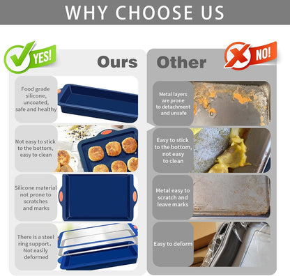 To encounter Silicone Baking Pans Set, 4 Pieces Nonstick Bakeware Set with Baking Pans, Baking Sheets, Cookie Sheets, Cake Pan with Metal Reinforced Frame More Strength, Navy Blue