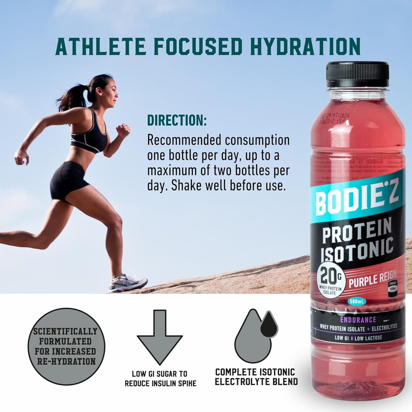 BODIE’Z Endurance 20g Whey Protein Water - Pre-Mixed Protein Powder Drink with Electrolytes for Hydration and 11 Vitamins and Minerals, Supplement for Lean Muscle Recovery, 500ml Purple Reign 6 Pack
