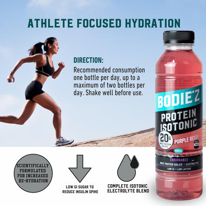 BODIE’Z Endurance 20g Whey Protein Water - Pre-Mixed Protein Powder Drink with Electrolytes for Hydration and 11 Vitamins and Minerals, Supplement for Lean Muscle Recovery, 500ml Purple Reign 6 Pack