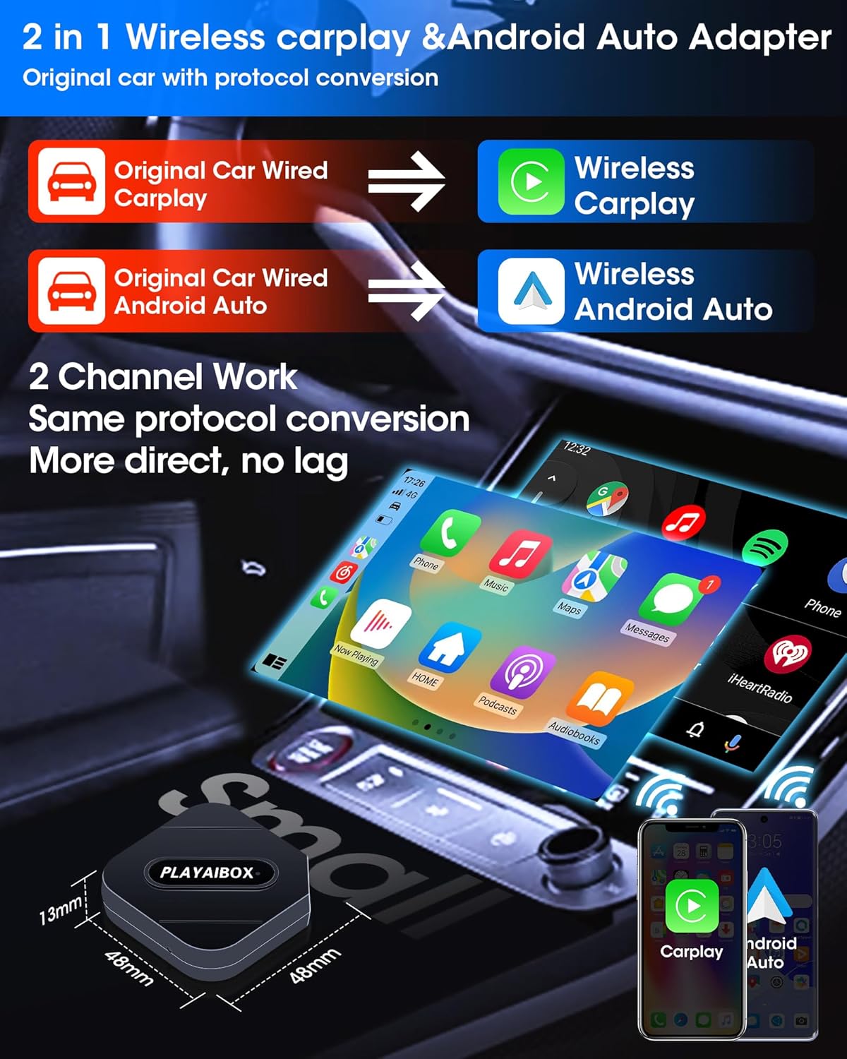 Carplay Wireless Adapter Android Car Wireless Adapter 2 in 1 Design, Bluetooth 5.0 Adapter Wireles-s Android Car Fast Connection Transmission with Plug and Play Mini Design